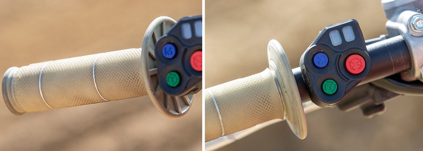 Renthal Kevlar dual-compound half-waffle grips are used, and the standard CRF450R engine stop, Engine Mode Select Button (EMSB), and Honda Selectable Torque Control (HSTC) unit returns with the same functions for the CRF450RWE.