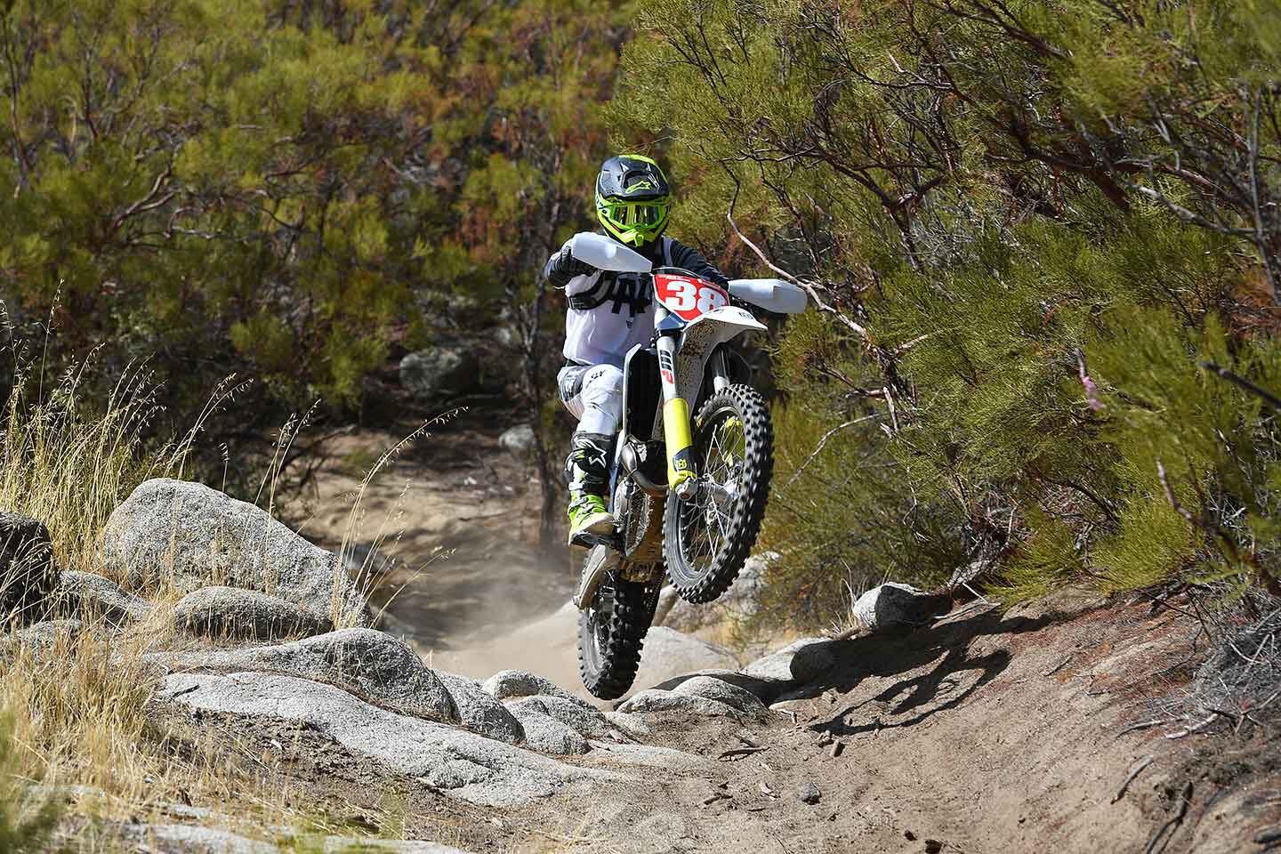 A quick stab of the Brembo hydraulic clutch and the FX 350’s low-end to midrange bark will hop you right out of medium or even larger-size holes.