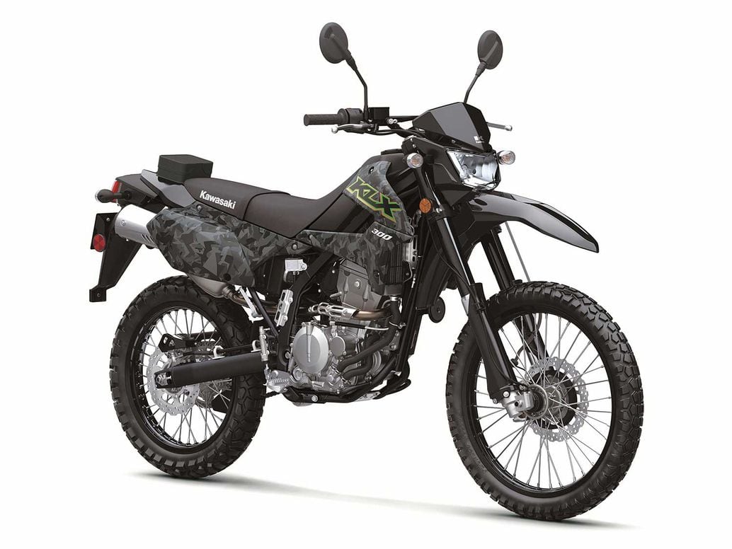 In addition to its traditional green color scheme, the KLX300 is also available in Fragment Camo Gray, which costs $200 more.