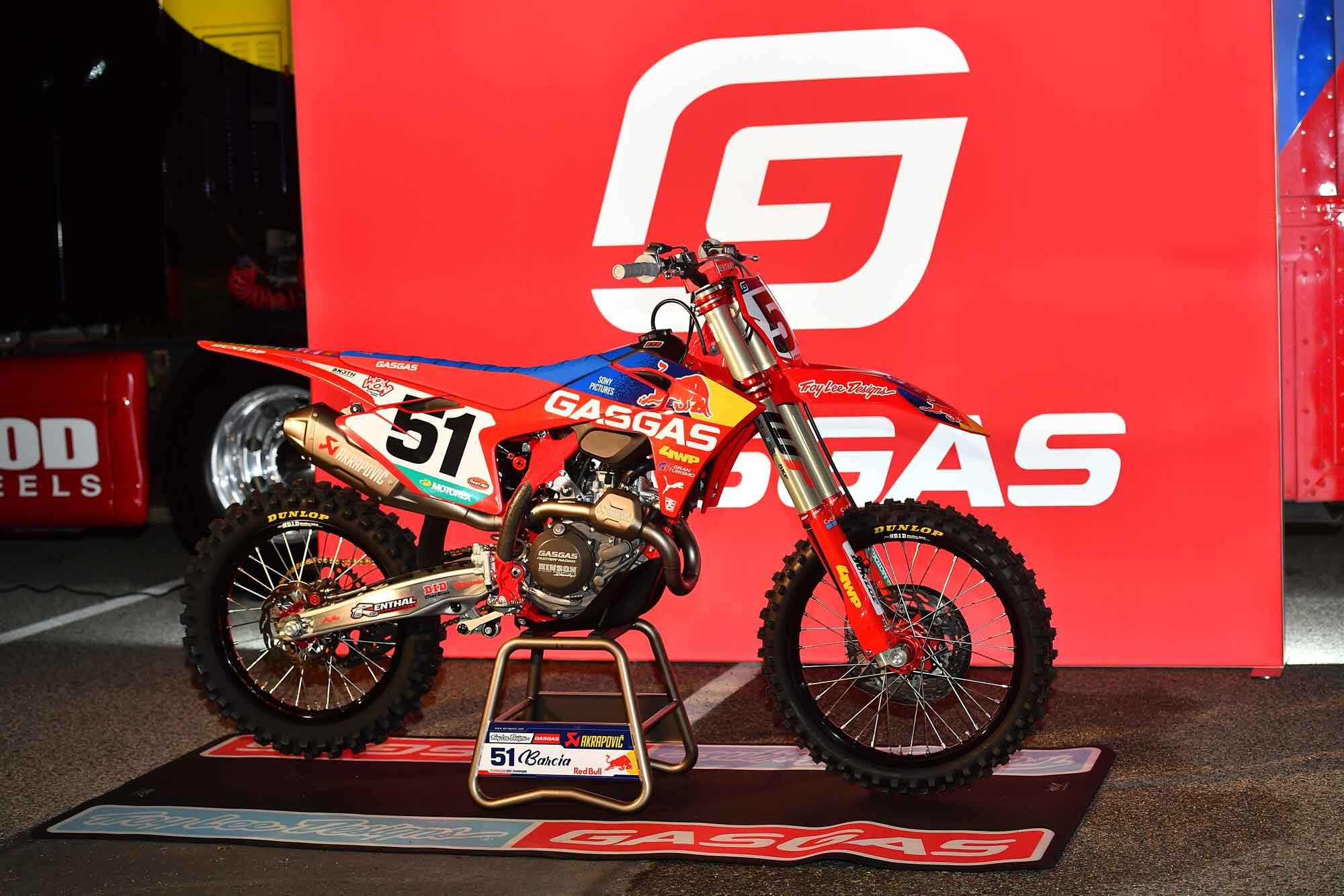 Justin Barcia’s 2023 GasGas MC 450F Factory Edition isn’t too far removed from what’ll be available at dealerships; visually, the biggest difference is the race team’s graphics package. Setting it up for supercross was surprisingly quick, according to Barcia.
