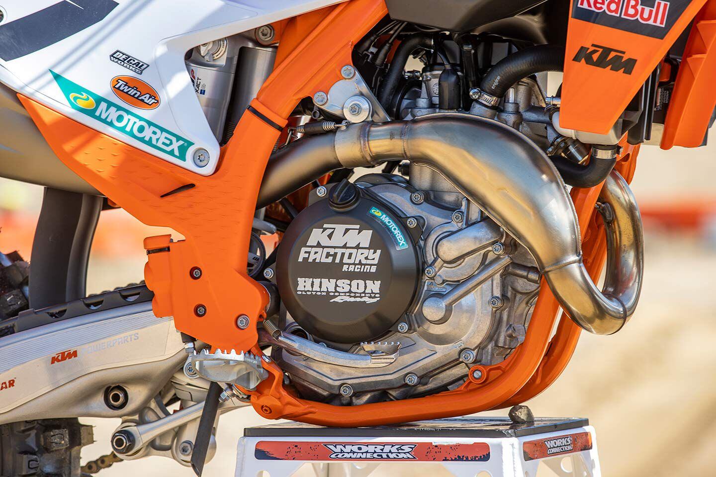 Hinson Racing’s Billetproof clutch cover is ultra-durable and doesn’t show boot wear marks. The KTM Factory Racing logo is a nice touch.