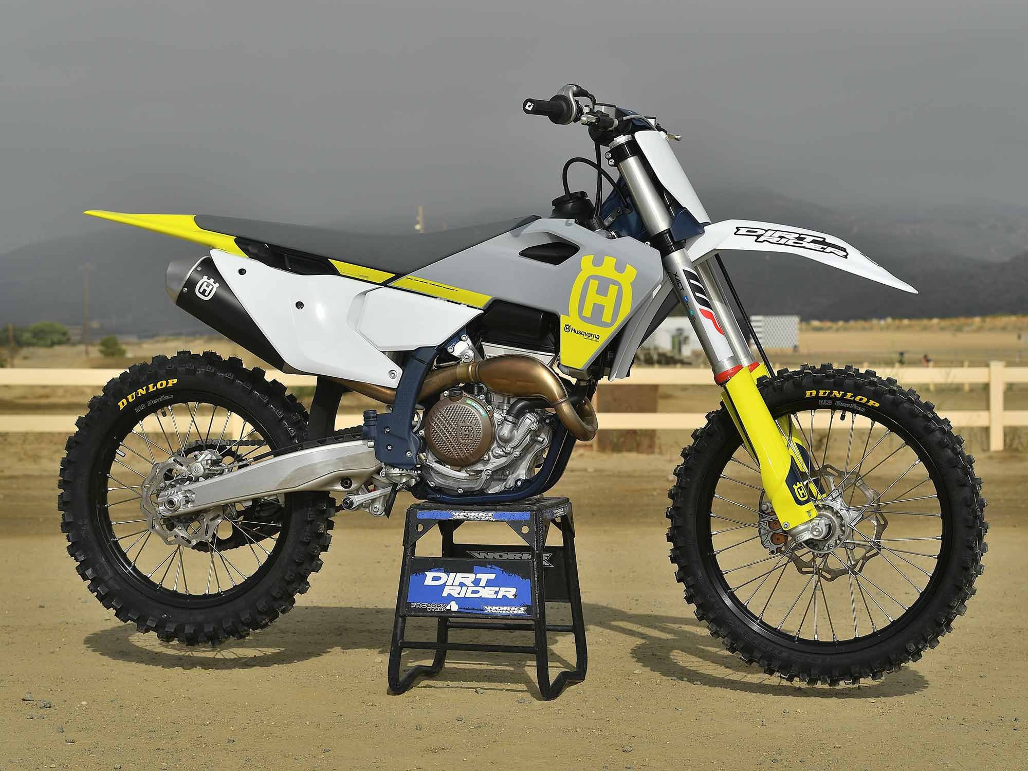 With its new color scheme, bodywork, and engine, there’s no mistaking the 2023 Husqvarna FC 250.