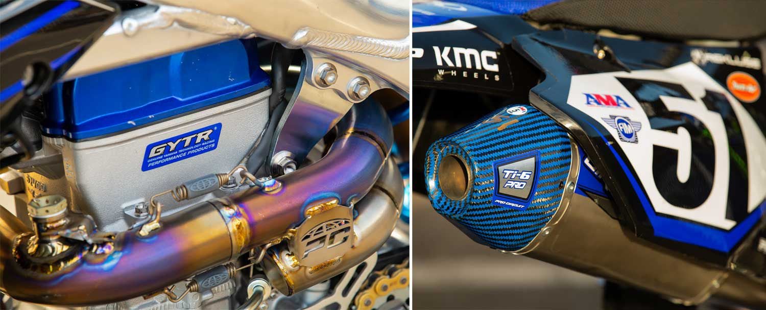 The Pro Circuit Ti-6 Pro exhaust system is custom built for the team. Some discernible differences from an off-the-shelf unit include the large resonance chamber on the head pipe, an O2 sensor bung on the mid-pipe, and a special blue carbon fiber end cap on the muffler.