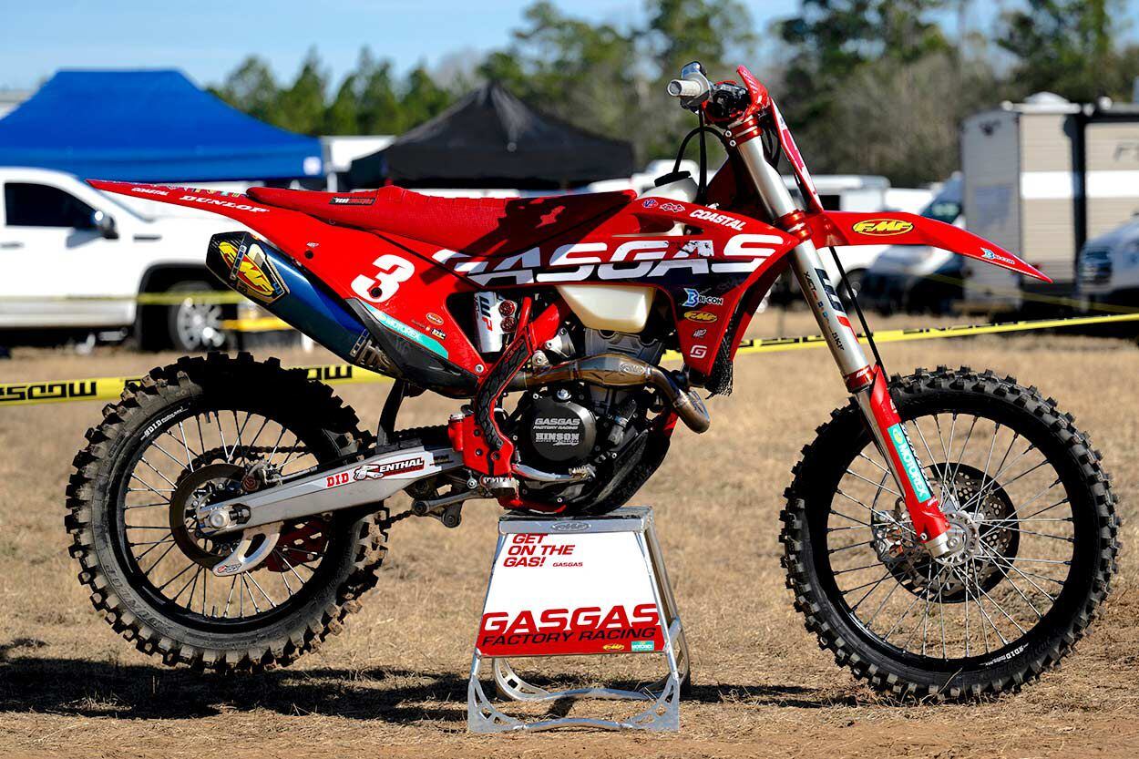 Even though Ryder Lafferty’s 2023 GasGas EX 350F is a factory machine, it still relies on aftermarket items such as a Super B battery and FMF exhaust system to help keep it competitive.