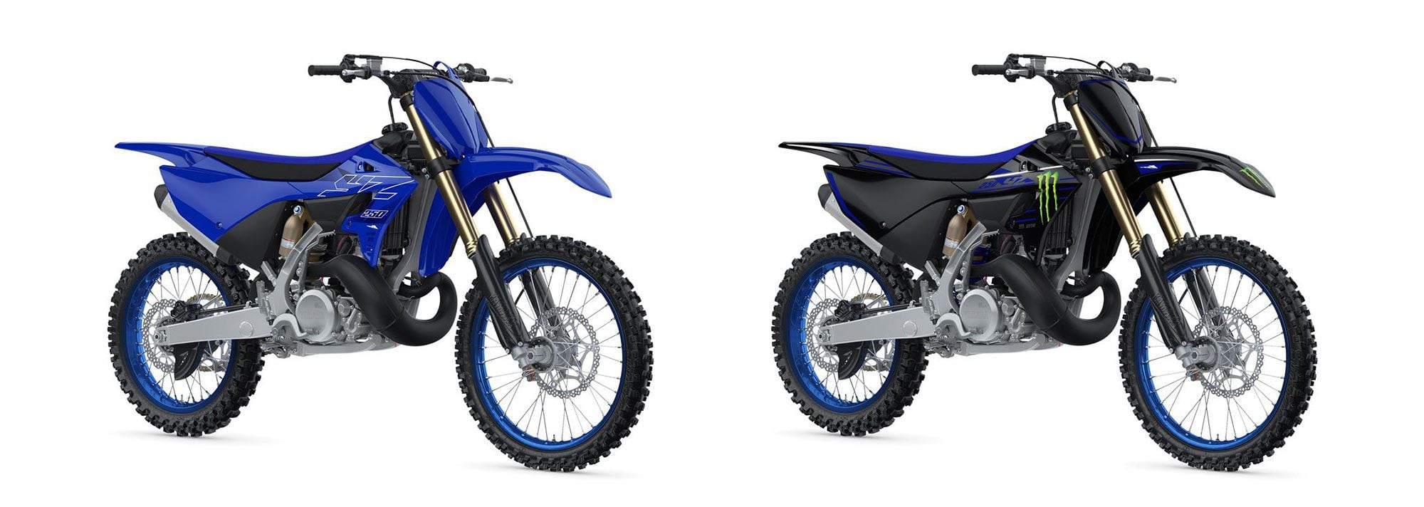 While these two YZ250s are mechanically identical, the Monster Energy Yamaha Racing Edition (right) offers a more factory race team appearance with different plastic color and graphics compared to the YZ250 in Team Yamaha Blue (left).