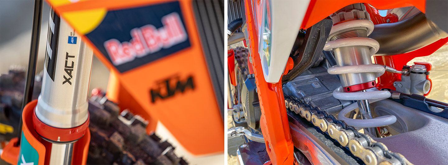 While Honda’s CRF450RWE and Kawasaki’s KX450SR feature special suspension coatings, KTM sticks with the same WP Xact 48mm air fork and WP Xact shock found on its standard 450 SX-F. However, settings are revised to improve the special-edition machine’s balance and comfort while retaining holdup.