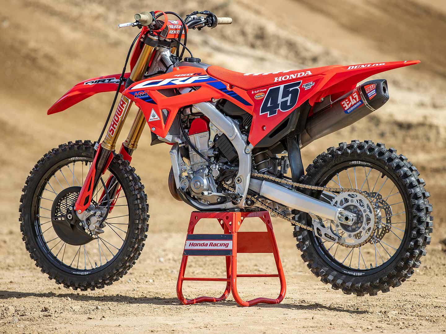 Instant eye-catchers include the Throttle Jockey graphics package and pleated seat cover, Yoshimura exhaust, coated suspension components, D.I.D DirtStar LT-X rims and gold chain, as well as the HRC red valve cover to complete the factory look.
