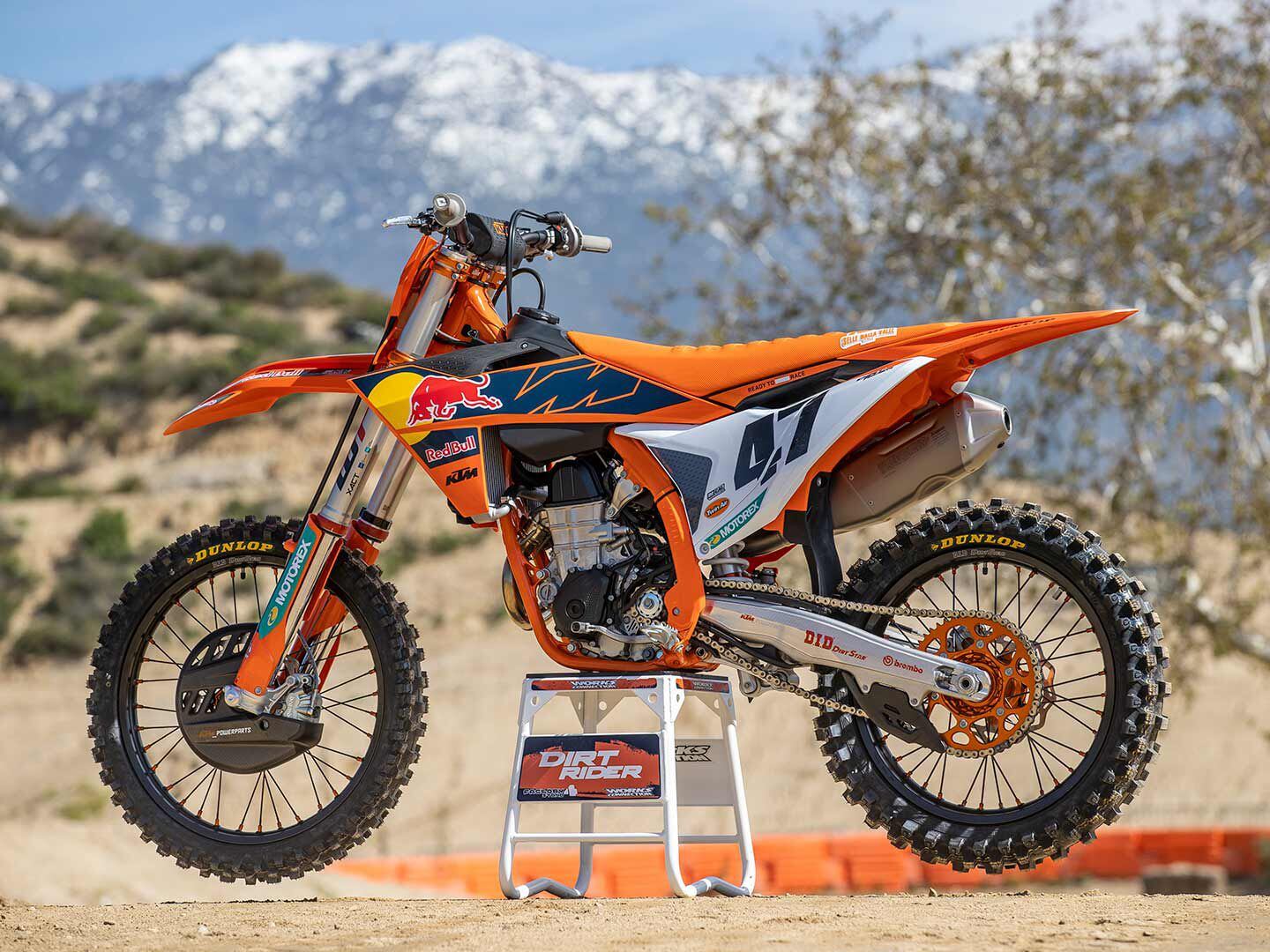 The 2023 KTM 450 SX-F Factory Edition weighs 240 pounds wet on <i>Dirt Rider</i>’s automotive scales.