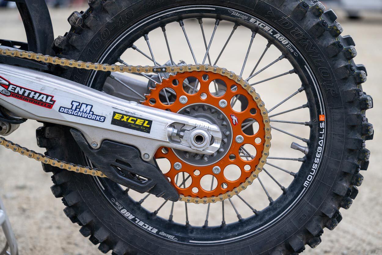 As far as gearing, Saul told us that Jacobs bounces between a 13-tooth and a 14-tooth for the countershaft and a 50-tooth and 51-tooth on the rear, depending on conditions and terrain. Sprockets are Renthal with an RK non-O-ring chain.