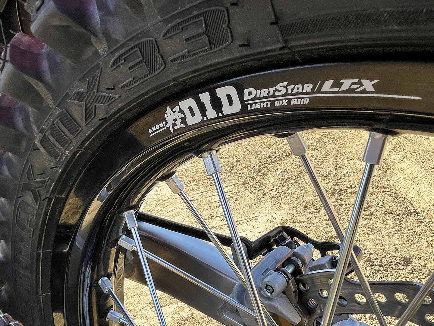 D.I.D DirtStar LT-X rims are an extremely high-quality replacement and the Dunlop Geomax MX33 tires are some of the best all-around tires available for production machines. Front size is 80/100-21 while the rear comes with 120/80-19 specifications.