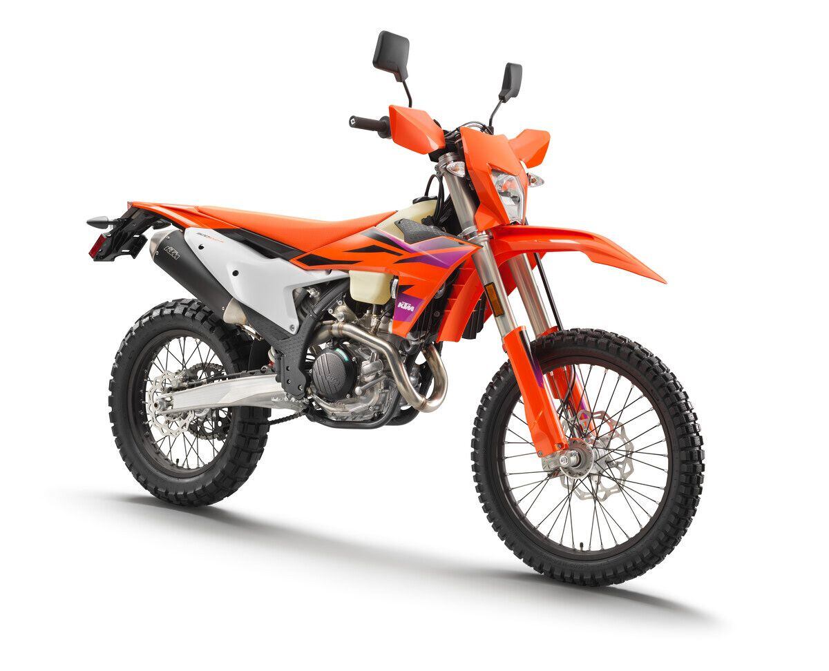 For the 350 EXC-F and 500 EXC-F (pictured) street-legal dirt bikes, a new steering lock system is now clamped under the upper triple clamp for a clean look and easy functionality.