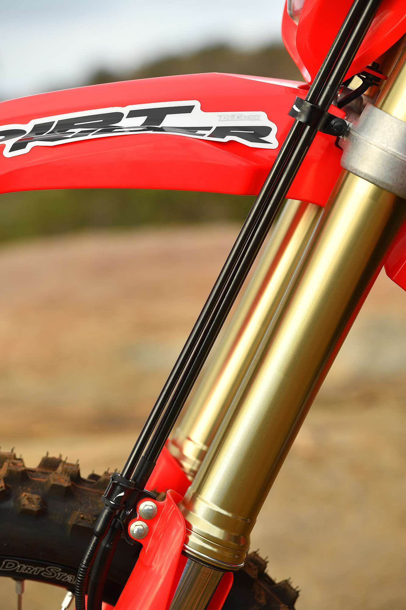 Bare Showa 49mm coil-spring units waiting for fork stickers from your favorite suspension shop.