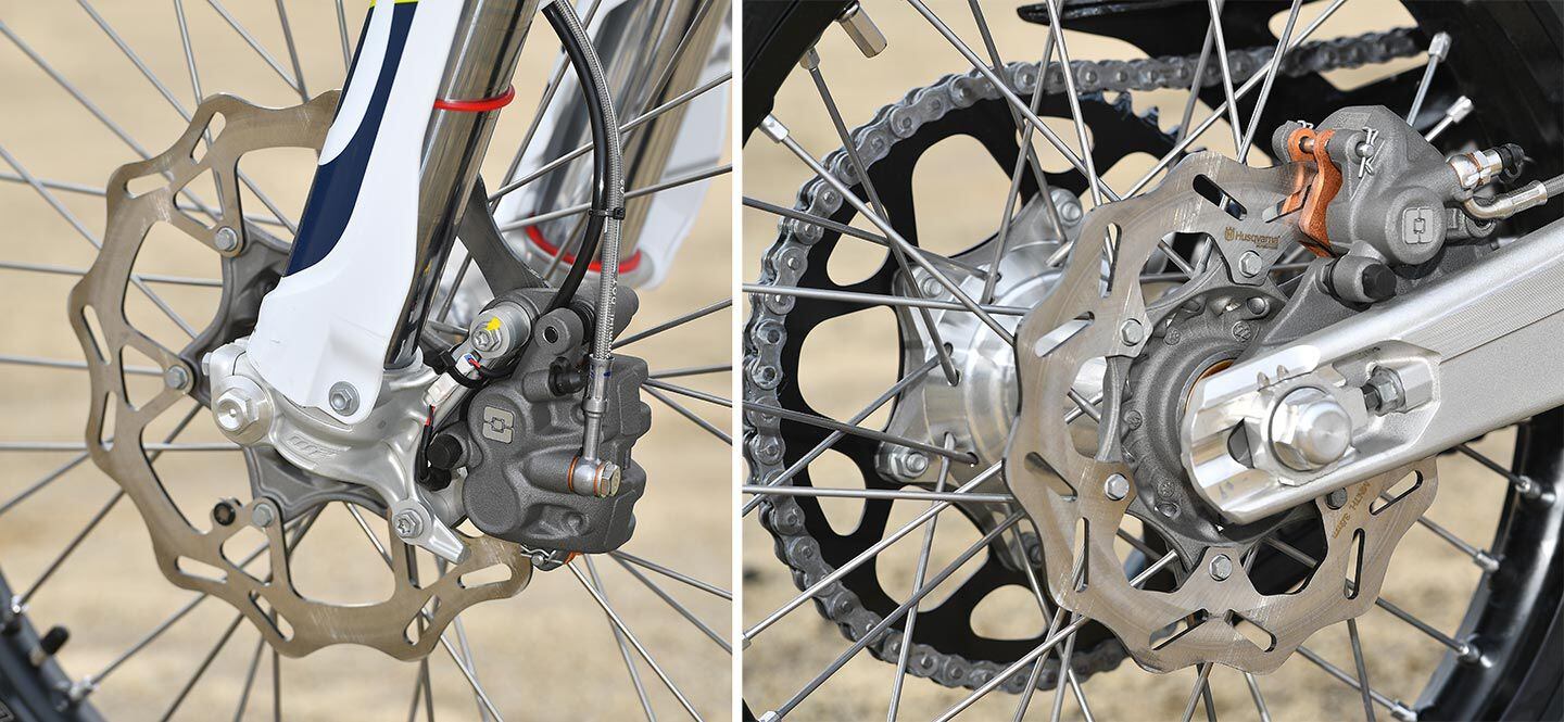 Beginning in MY22, all of Husqvarna’s enduro and dual sports are spec’d with Braktec hydraulic clutches and brake systems. Front rotor diameter is 260mm and rear is 220mm.