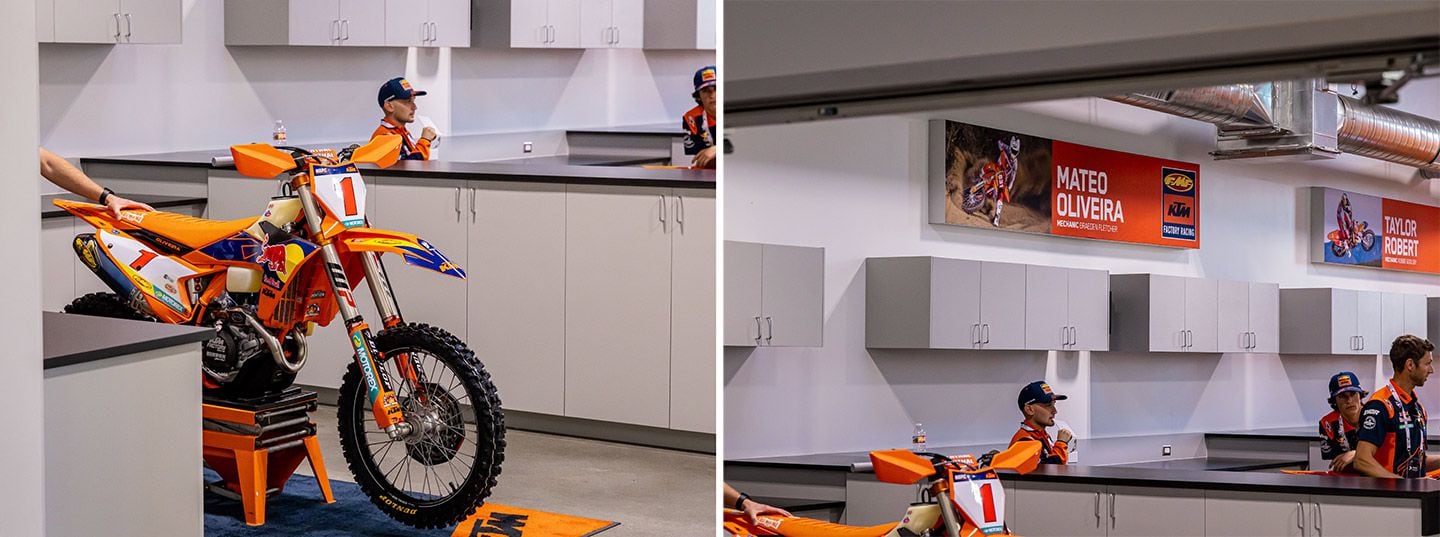 Brothers Dante Oliveira’s and Mateo Oliveira’s 450 XC-Fs are situated in adjacent work bays in the FMF KTM Factory Racing off-road team shop.