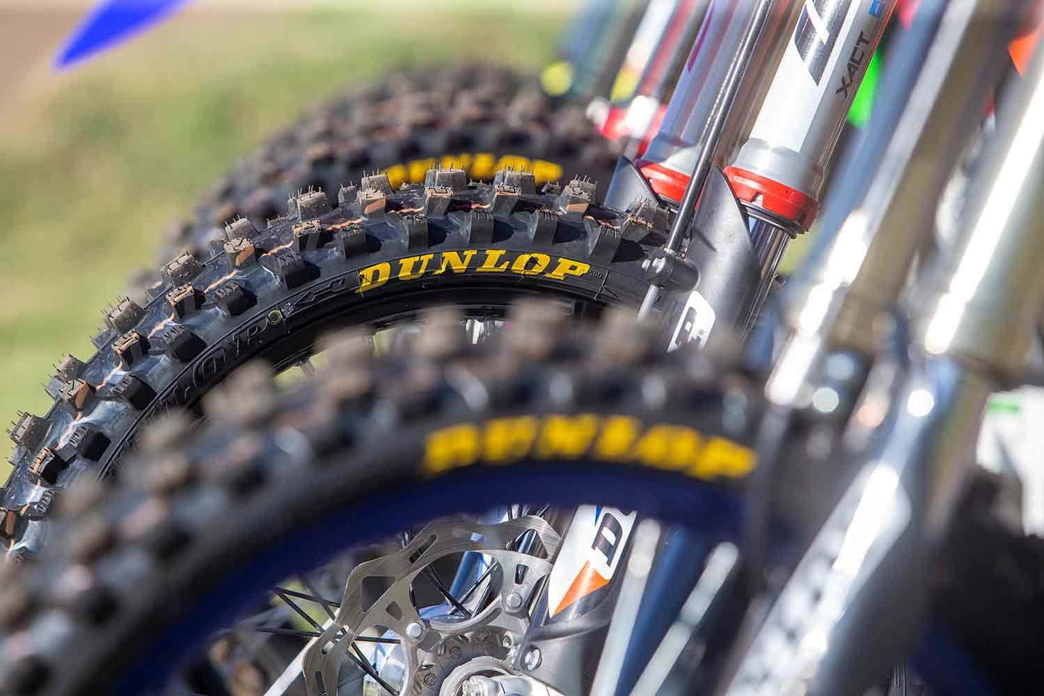Dunlop Geomax MX33 soft-to-intermediate-terrain tires ensured consistency in traction among the five bikes through the duration of the 450 Motocross Shootout.