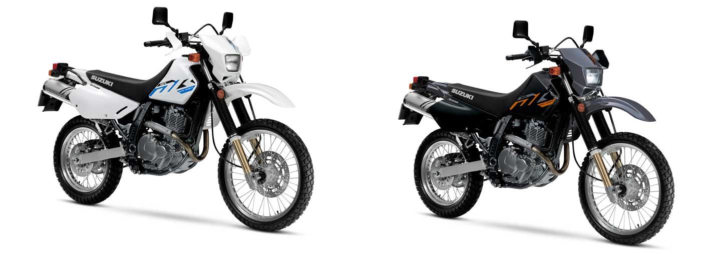 Suzuki continues to offer its DR650S in two neutral colorways—Special White No. 2 and solid black/iron gray.