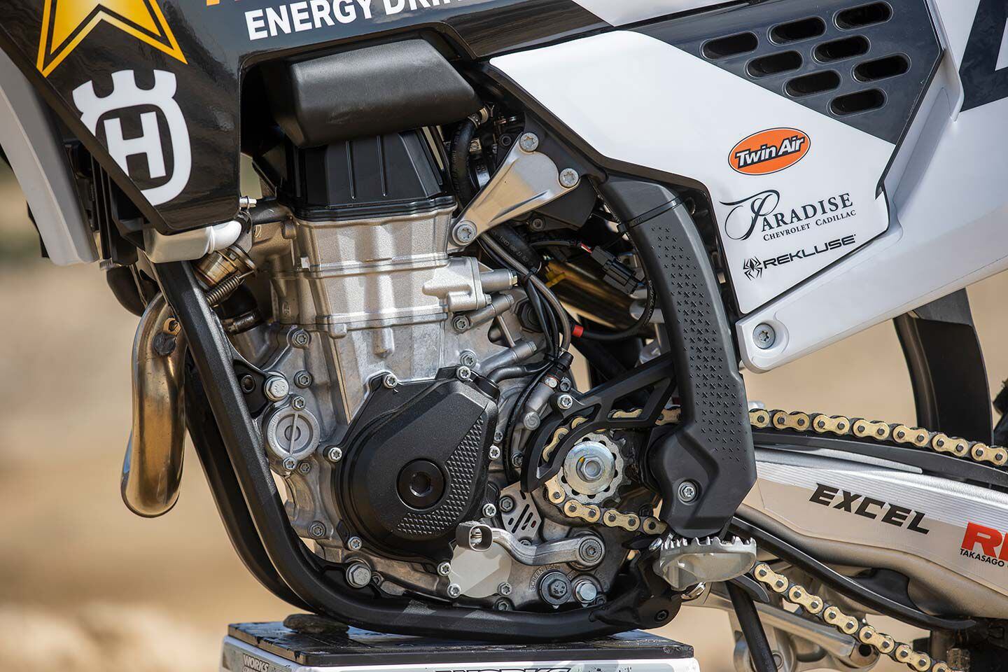 The fuel-injected liquid-cooled SOHC four-stroke 450cc engine of Husqvarna’s special-edition motocrosser spins 55.2 hp and 32.4 lb.-ft. of torque on the <i>Dirt Rider</i> dyno.