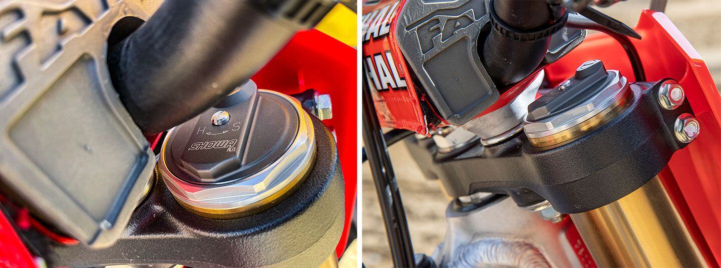 Showa 49mm coil-spring fork graces the CRF450RWE, and the easily accessible compression damping adjuster will be new owners’ best friend when searching for optimal comfort from track to track. Another highly advisable tuning tool is learning to adjust fork height for desired front end feel. The 5mm standard line provides quick steering, while many Red Riders prefer flush fork height or splitting that difference at 2.5mm. Dropping the fork in relation to the triple clamps yields slower steering input and a more stable character.