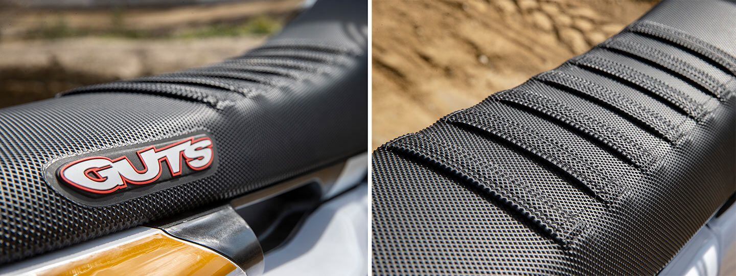 Guts Racing supplies the ribbed seat cover on the FC 450 Rockstar Edition.