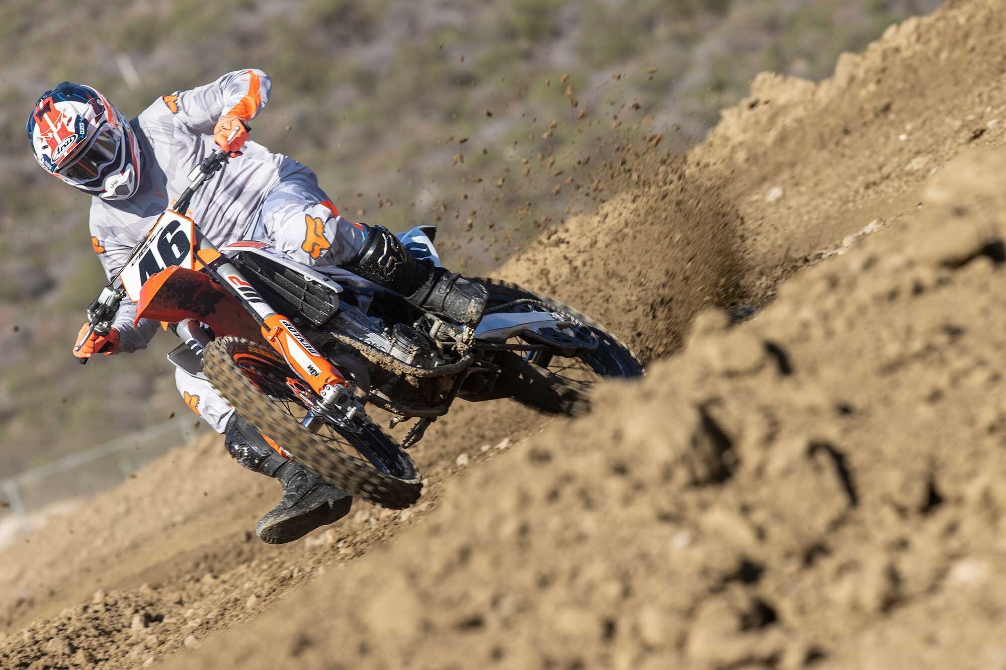 “I would like for low-end power to be improved as it’s a little soft, but the 450 SX-F seems to work best when ridden with precision and calmness.” <i>—Michael Wicker</i>