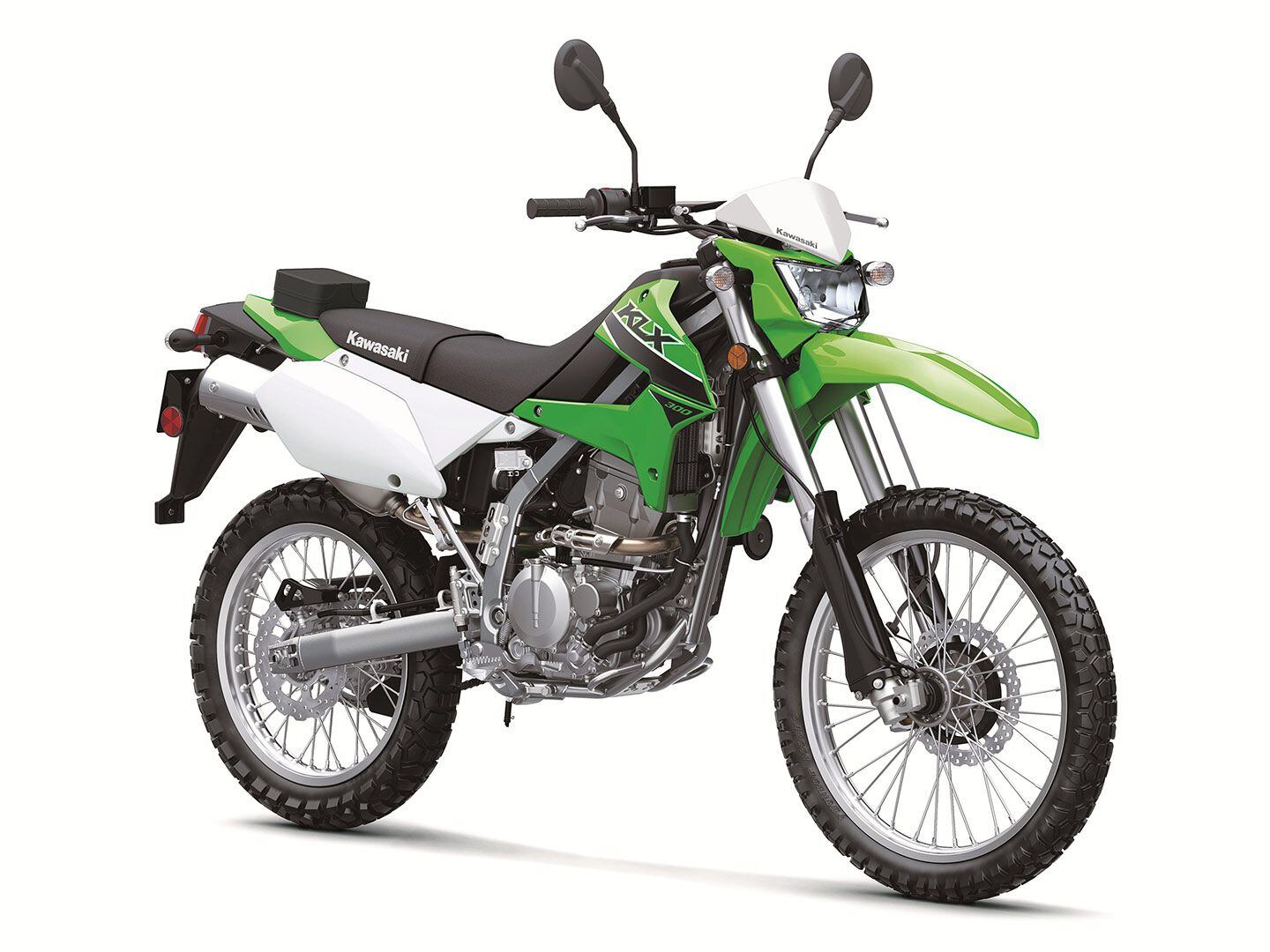 Price of the KLX300 varies depending on color. It’s available in Lime Green (shown here for $5,899) or Fragment Camo Gray ($6,099).