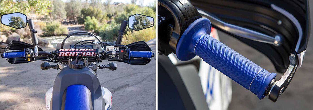 The stock handlebar and grips were replaced with a Renthal 7/8-inch Reed/Windham handlebar and ODI half-waffle motocross grips.