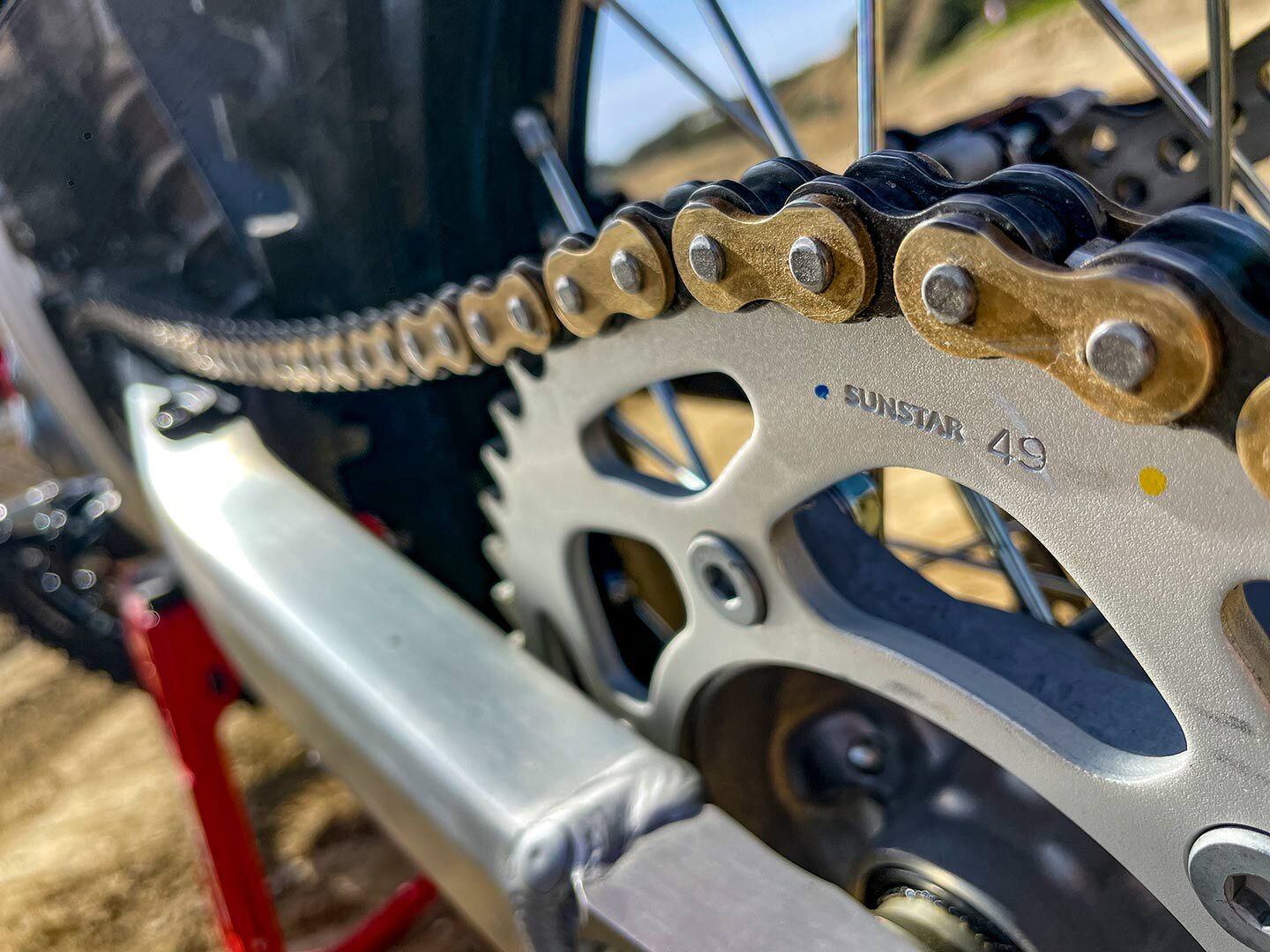 Standard gearing is 13/49 and the D.I.D gold chain is a nice touch in lieu of standard black Japanese offerings. There is some confusion in the Honda literature, as RK is listed as a supplier for the CRF450RWE gold chain; ours and other media bikes, however, had D.I.D units fitted.