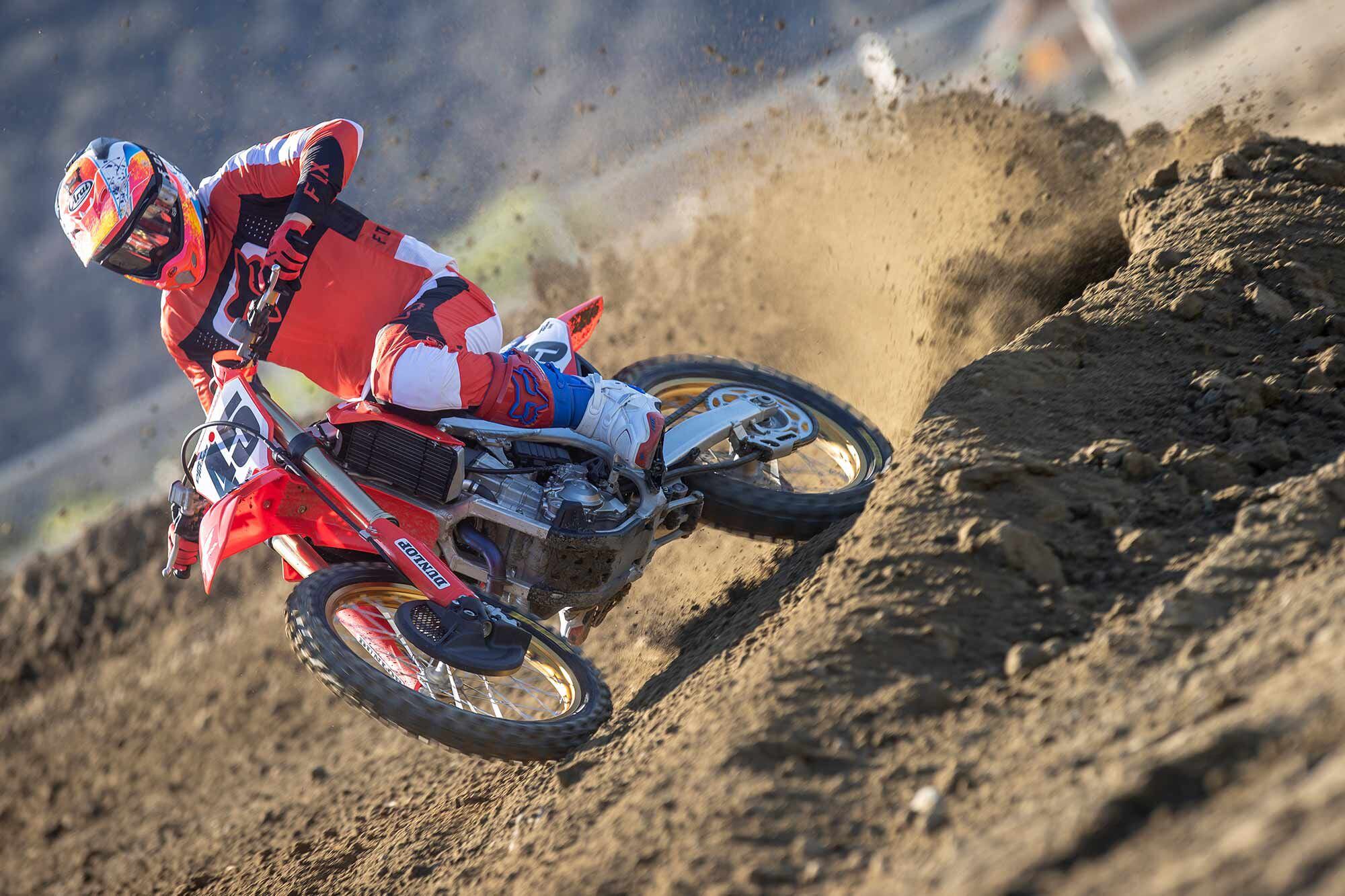 “Although the engine has good midrange power, when I try to take corners in third gear on the CRF450R, it doesn’t have enough bottom-end punch to pull it.” <i>—Cody Johnston</i>
