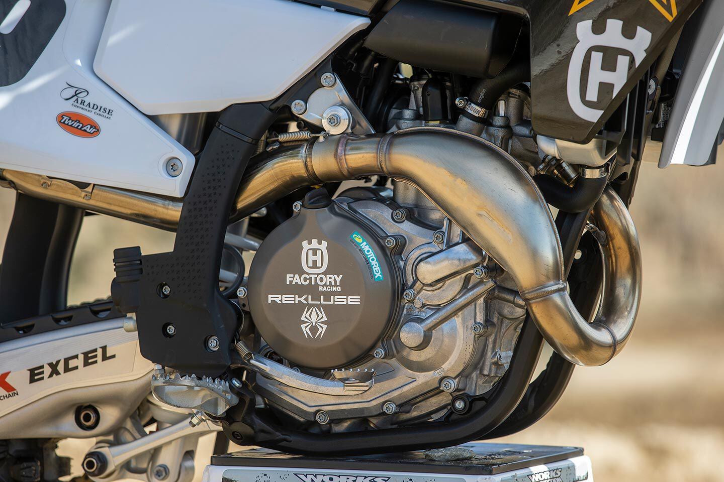 Because last year’s FC 450 Rockstar Edition was all-new, it didn’t feature as many parts from Husqvarna’s Technical Accessories catalog. One of the items added for MY23 is a Rekluse clutch cover with Husqvarna Factory Racing emblem.