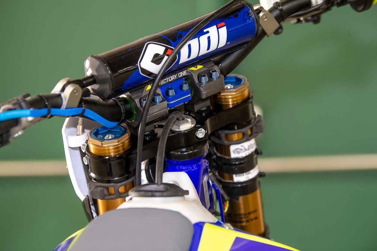 XC Gear’s Mako 360 handlebar mounts are a staple on FactoryOne Sherco’s racebikes, with Abbott opting for the stiffest polymer.