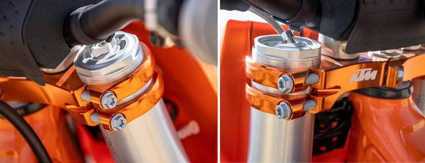 KTM’s Factory Racing triple clamps are among the many eye-catching pieces on the bike. This component alone retails for $499.99.
