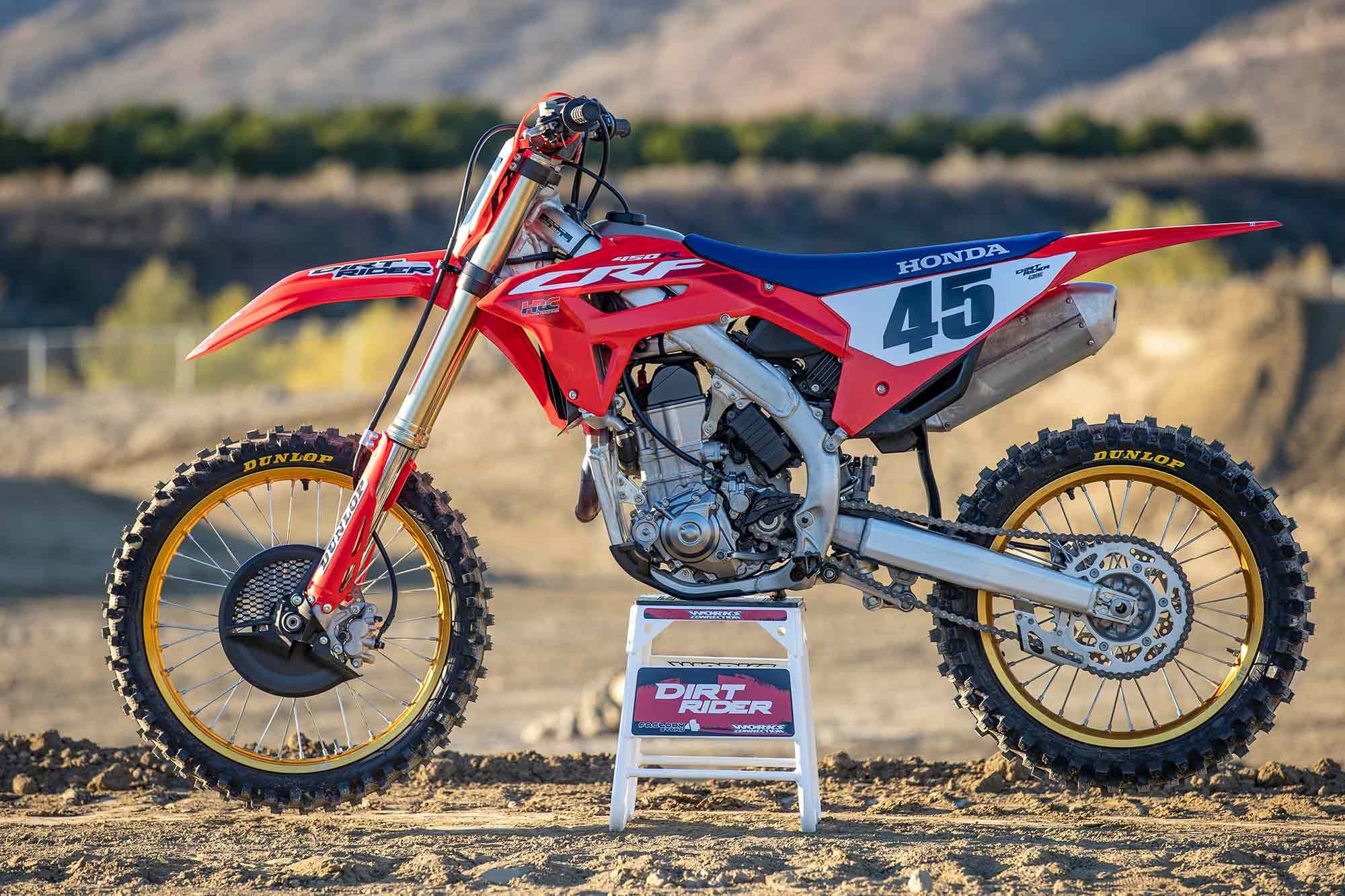 The CRF450R is heaviest of those gathered here at 245 pounds wet on <i>Dirt Rider</i>’s automotive scales, but not by much over the other two offerings from Japan.