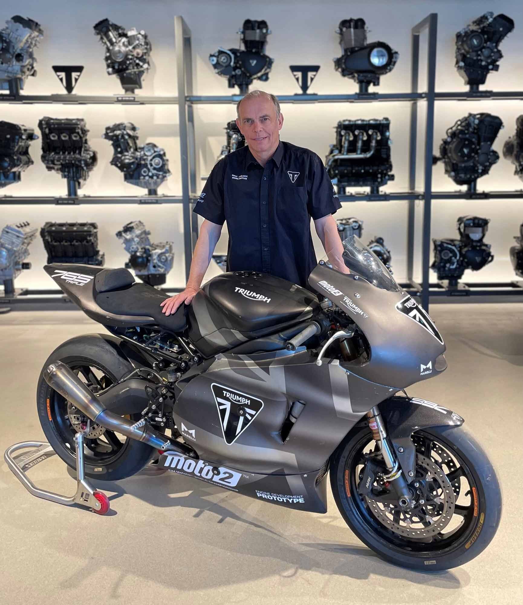 “Confirming Triumph’s entry into the SuperMotocross World Championship in 2024 here today is a huge step. Announcing Bobby Hewitt as team principal for Triumph Racing to oversee supercross and motocross is a clear demonstration of the level of ambition we have in our approach to going racing at the pinnacle of dirt bike competition. Bobby and Steve ‘Scuba’ Westfall have proved that they know how to win, and revealing Dave Arnold, an industry AMA Hall of Fame legend in chassis development, and Dudley Cramond, with over 25 years of experience of building race-winning engines, brings the highest level of experience and expertise possible to Triumph. Ultimately, Triumph is focused on building a bike and a racing program to win and we believe this is the team to achieve that goal. The input that Ricky [Carmichael] is having into the project is enormously valuable. Our thanks are also due to Dave Prater and his team [at Feld Motor Sports], Tim Cotter from MX Sports Pro Racing, Mike Pelletier and all at the American Motorcyclist Association for their welcome and all their help and support. We look forward to racing with them [beginning in] January 2024.” <i>—Jeremy Appleton, Triumph global racing manager</i>