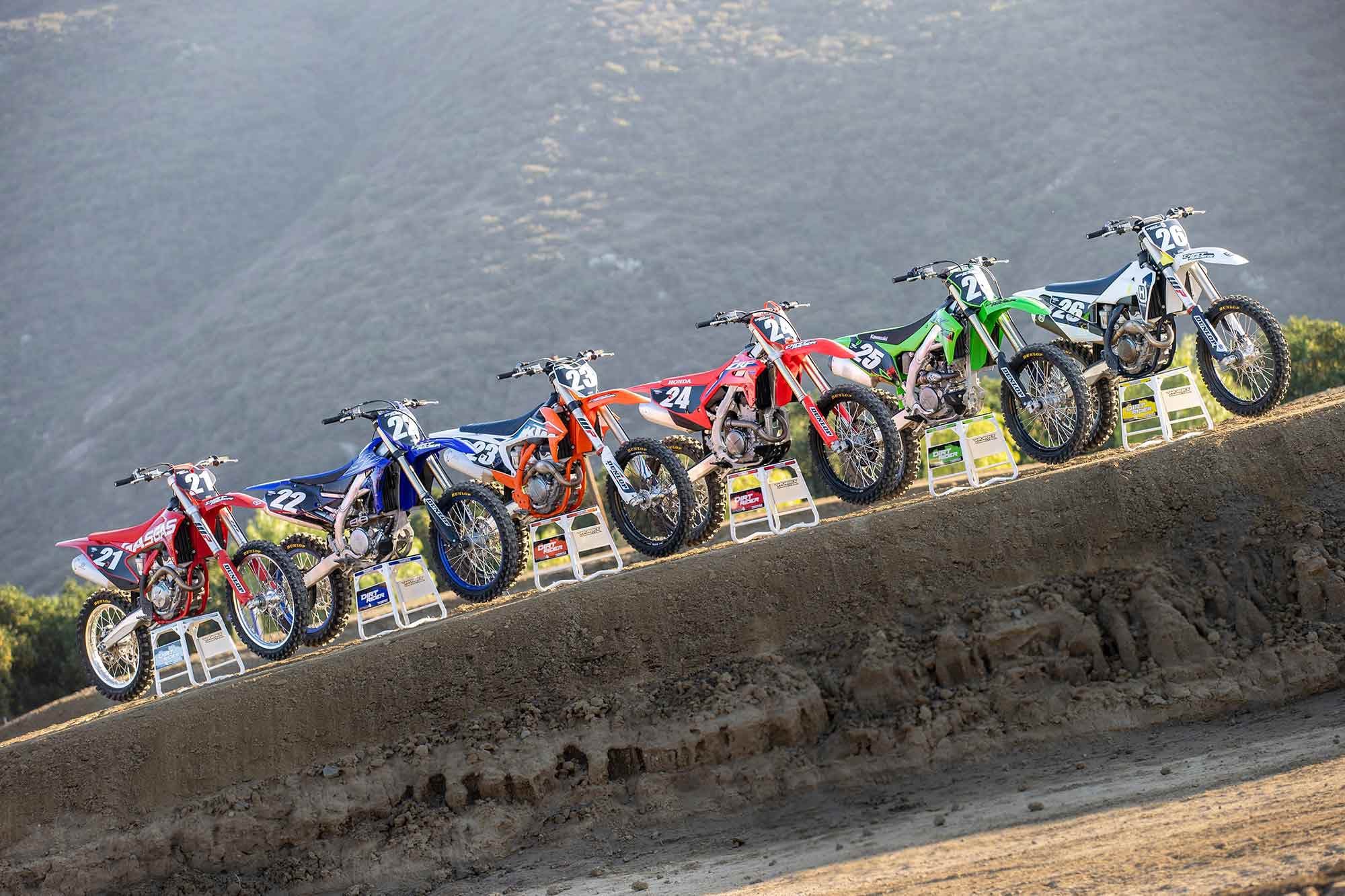GasGas MC 250F vs. Yamaha YZ250F vs. KTM 250 SX-F vs. Honda CRF250R vs. Kawasaki KX250 vs. Husqvarna FC 250.