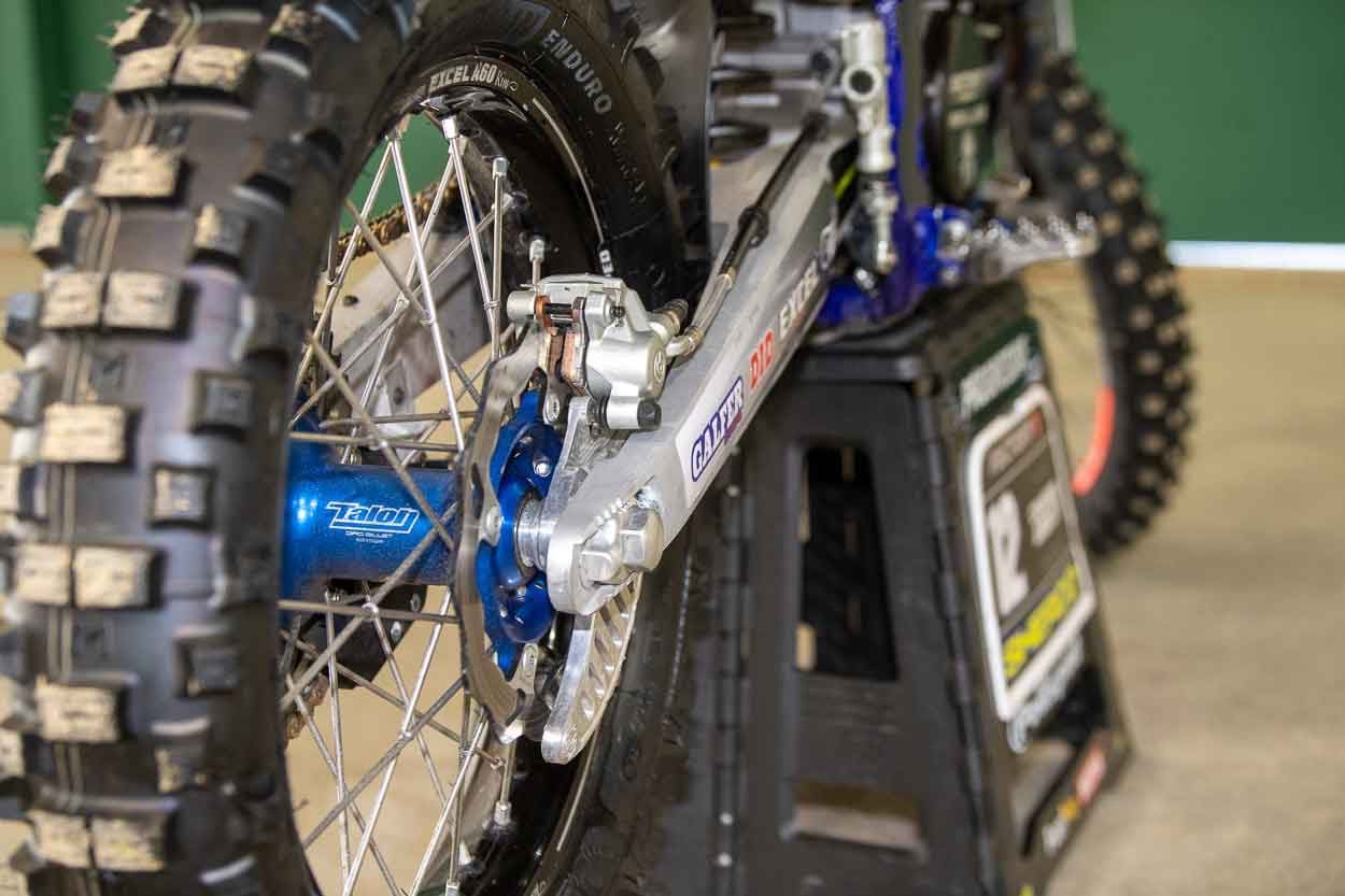 Talon hubs are employed front and rear. Brake calipers are stock Brembo components, while the slotted rotors and pads are from Galfer.