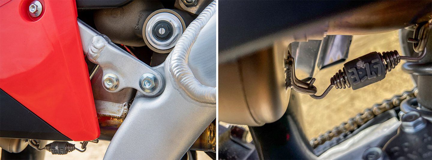 The Yoshimura design eliminates the clunky standard mid-pipe clamp and replaces it with a slip-fit and rear spring design for the can.