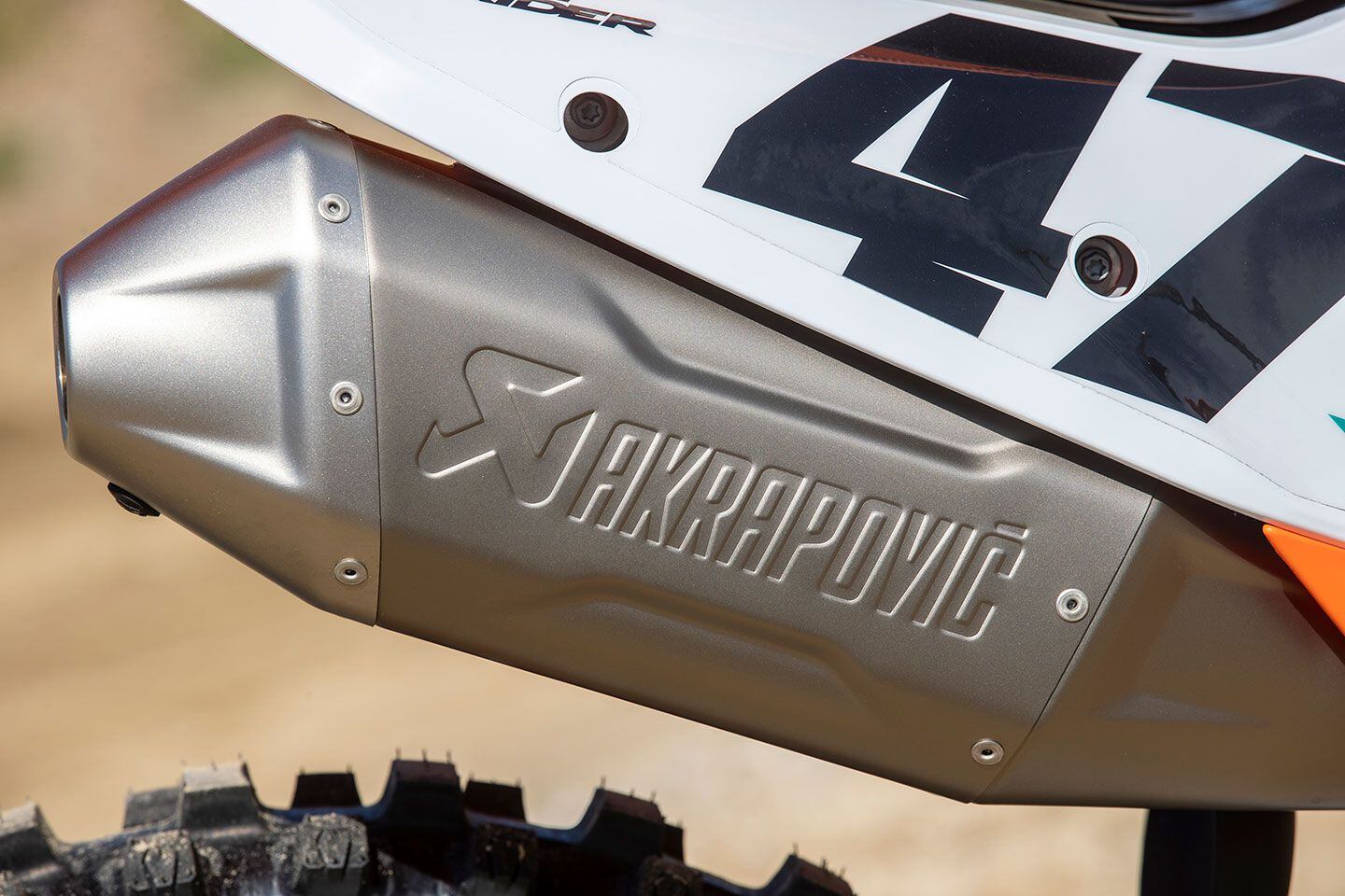 While the header pipe is the same as the standard 450 SX-F’s, the muffler is an Akrapovič Slip-On Line that’s made of titanium and equipped with a United States Forest Service (USFS)-approved spark arrestor.