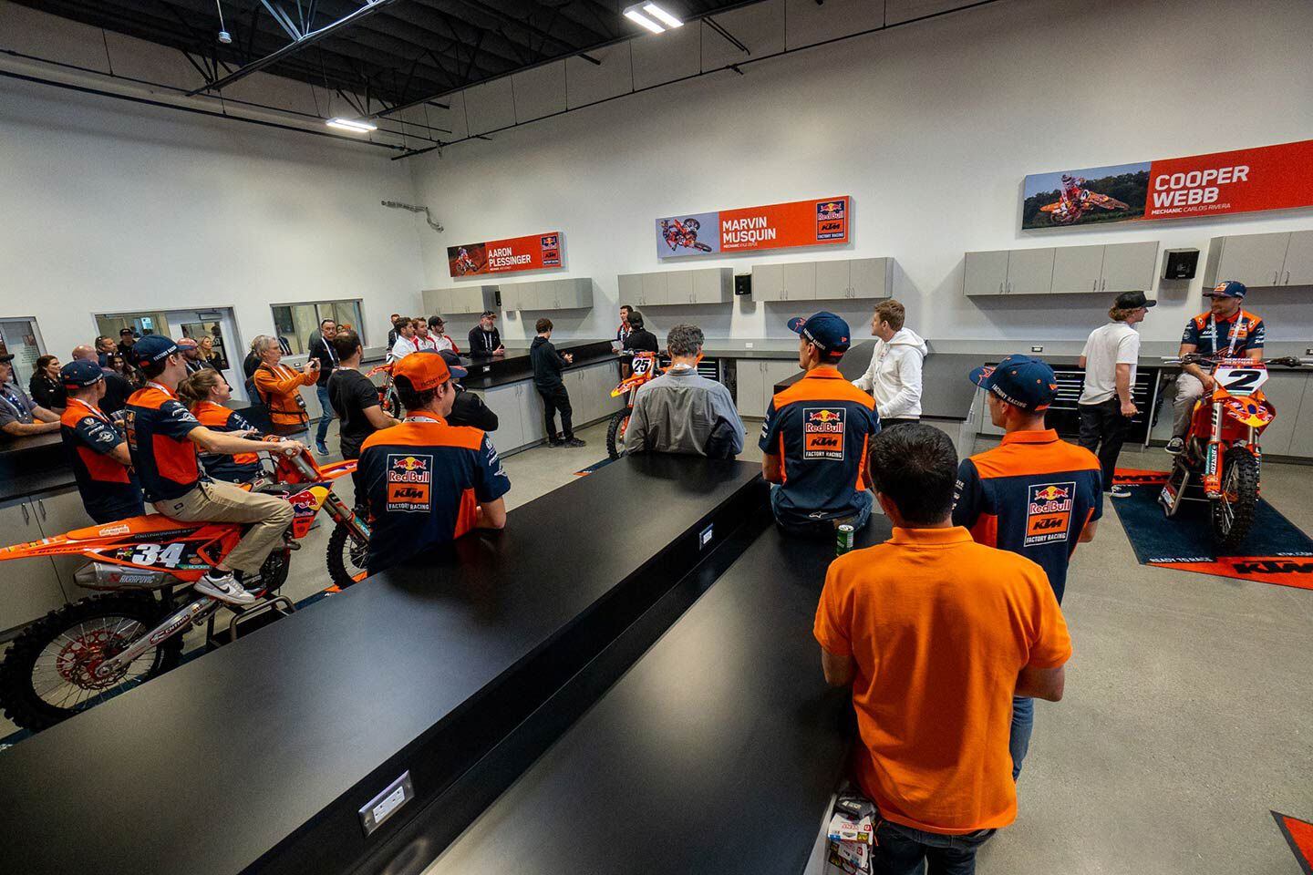 In the first doorway on the left side of the hallway, we find the Red Bull KTM Factory Racing supercross and motocross team shop.