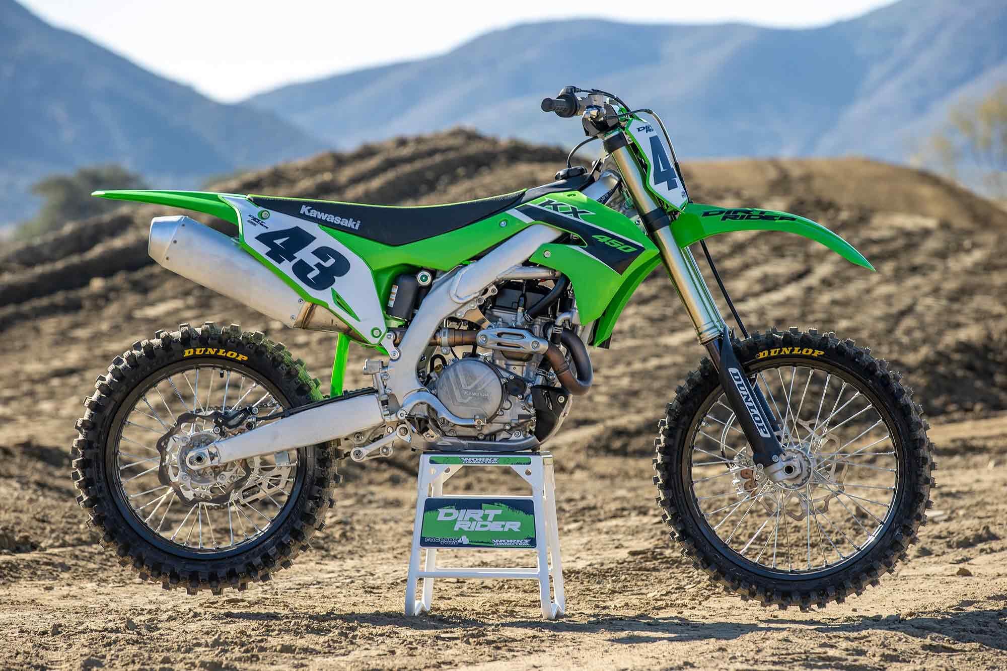 Kawasaki’s 2019–2023 KX450 platform is a well-rounded package. Updates for MY23 include the switch to Dunlop’s latest soft-to-intermediate-terrain tire and new radiator shroud graphics.