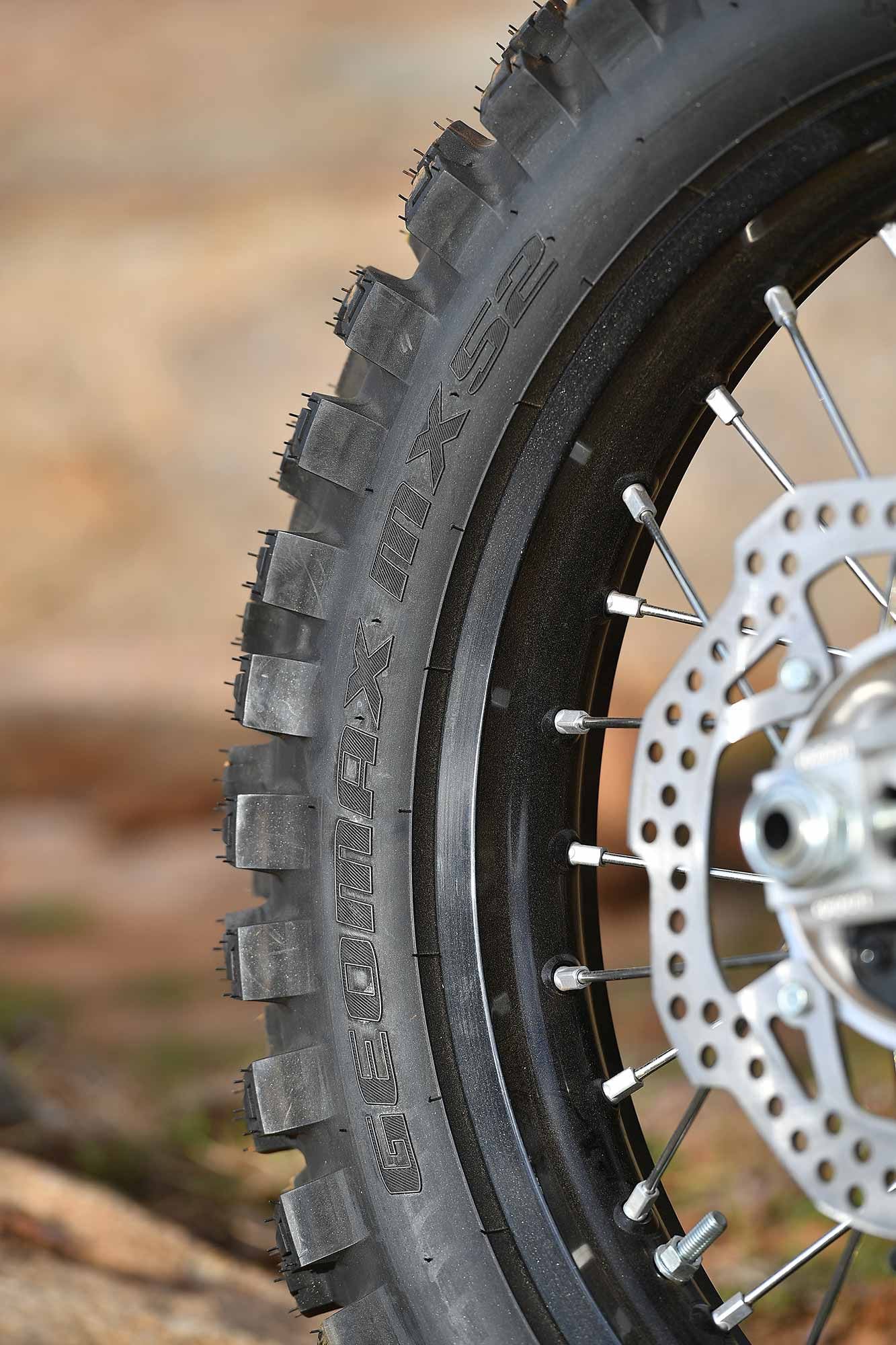 Dunlop Geomax MX52 tires are OEM rubber on the CRF450X. The new Dunlop Geomax MX53 line (which replaced the MX52s) or even Geomax AT81s would be worthy replacements when the time comes for current CRF450X owners.