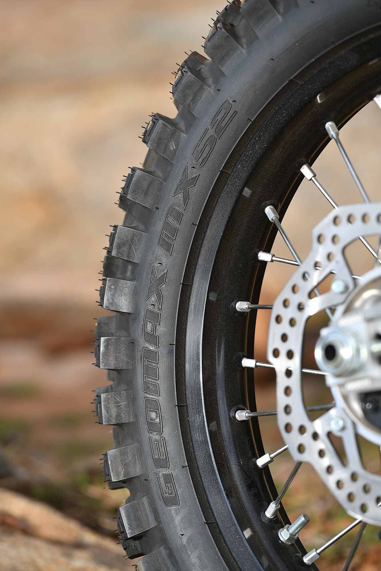 Dunlop Geomax MX52 tires are OEM rubber on the CRF450X. The new Dunlop Geomax MX53 line (which replaced the MX52s) or even Geomax AT81s would be worthy replacements when the time comes for current CRF450X owners.