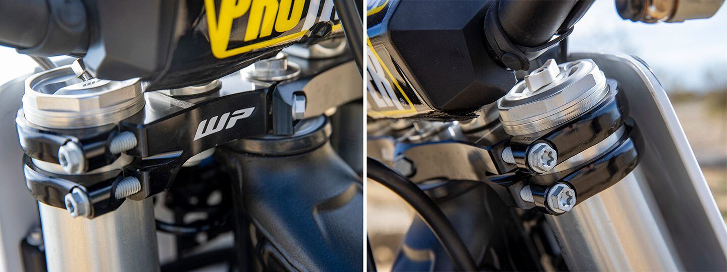 There’s more WP branding on the FC 450 Rockstar Edition than KTM’s 450 SX-F Factory Edition. One example is the Factory Racing triple clamps.