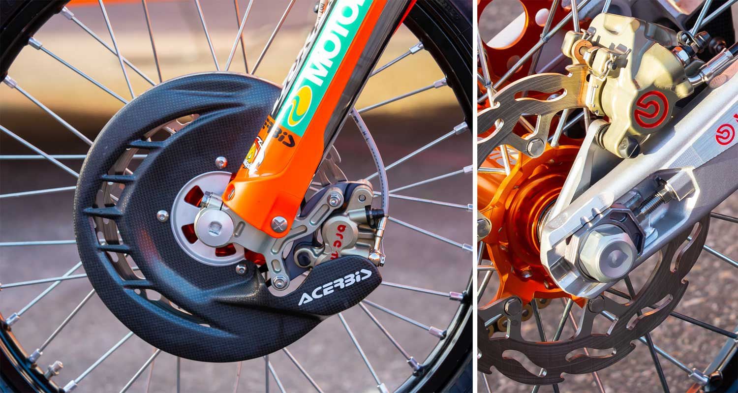 Works Brembo brake calipers are used front and rear along with Moto-Master Flame rotors. Rivera remarked that Webb uses the front brake heavily.