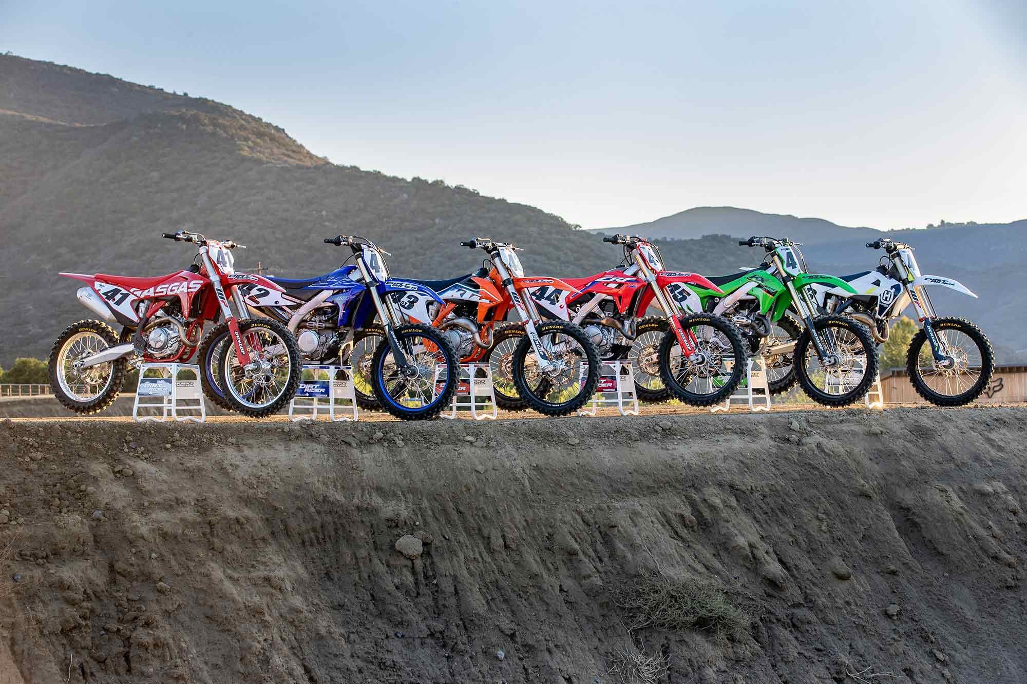 GasGas MC 450F vs. Yamaha YZ450F vs. KTM 450 SX-F vs. Honda CRF450R vs. Kawasaki KX450 vs. Husqvarna FC 450.