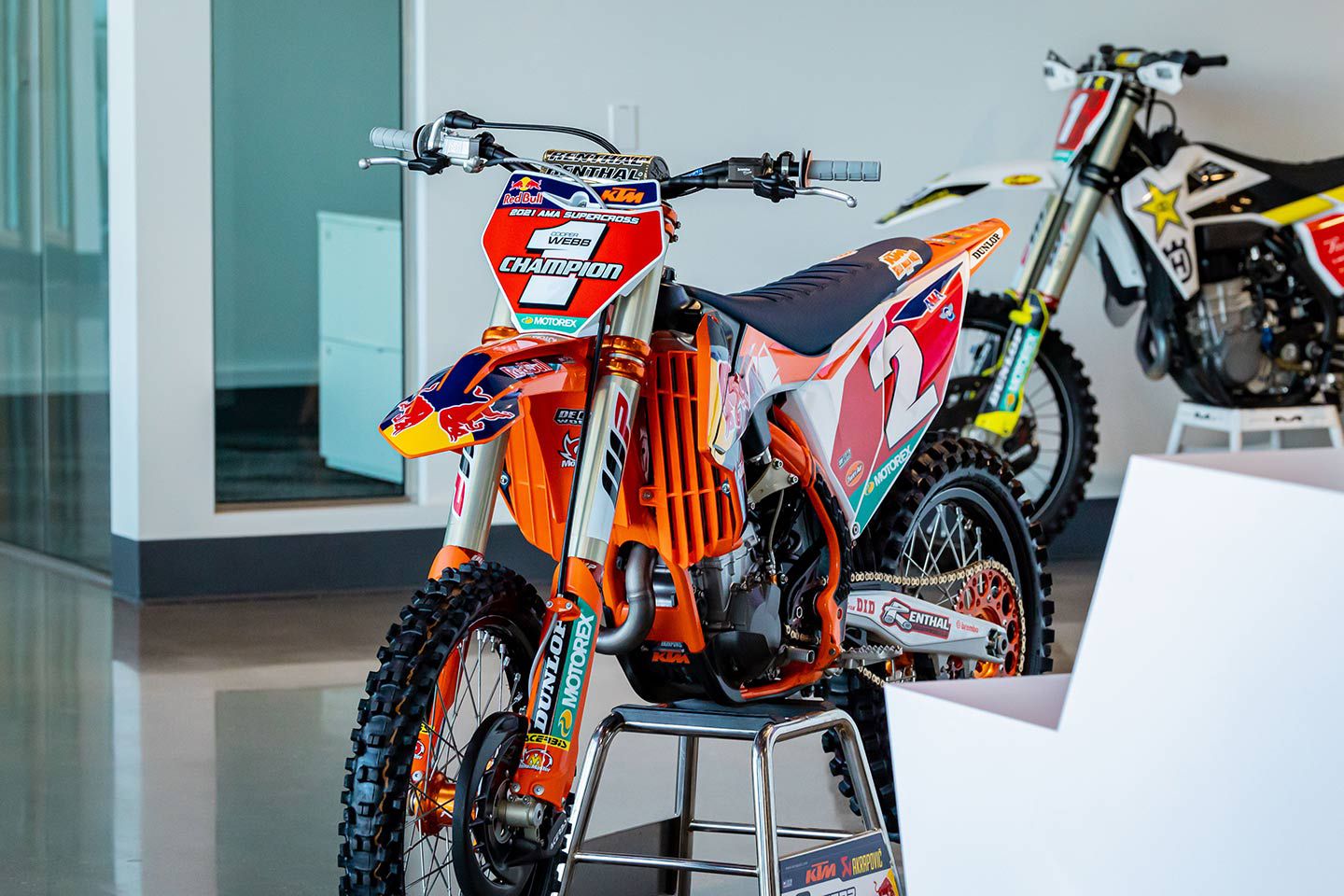 Cooper Webb’s 2021 AMA Supercross Championship–winning KTM 450 SX-F Factory Edition sits proudly on display.