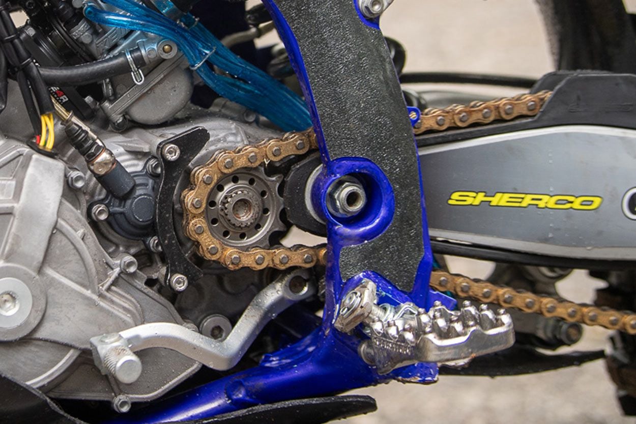 Webb was experimenting with a 12-tooth counter sprocket at the TKO, which is specially made for Sherco USA by AFAM. Richelderfer told us the 12-tooth allows Webb to utilize third gear much more than usual.