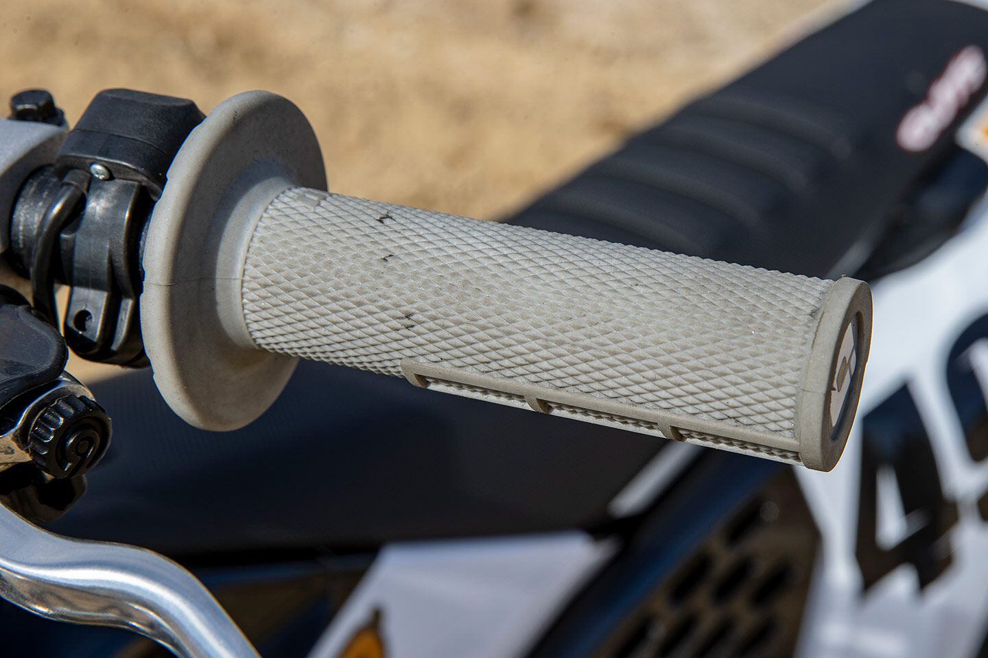 ODI lock-on grips are a nice touch on Husqvarna’s standard-model dirt bikes, and the FC 450 Rockstar Edition takes it one step further with the SoCal company’s gray soft compounds.