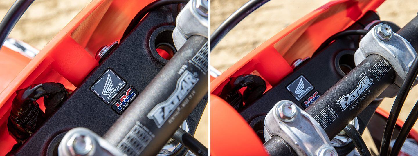 Upon closer inspection, one notices some amazing finishing touches Honda includes. The gray-metallic triple clamps are almost a black hue and the HRC insignia stands out in a great way. A Renthal Fatbar 839-bend handlebar is the same as what’s utilized on other Honda 450 models including the CRF450R, CRF450R 50th Anniversary Edition, CRF450RX, and CRF450R-S.