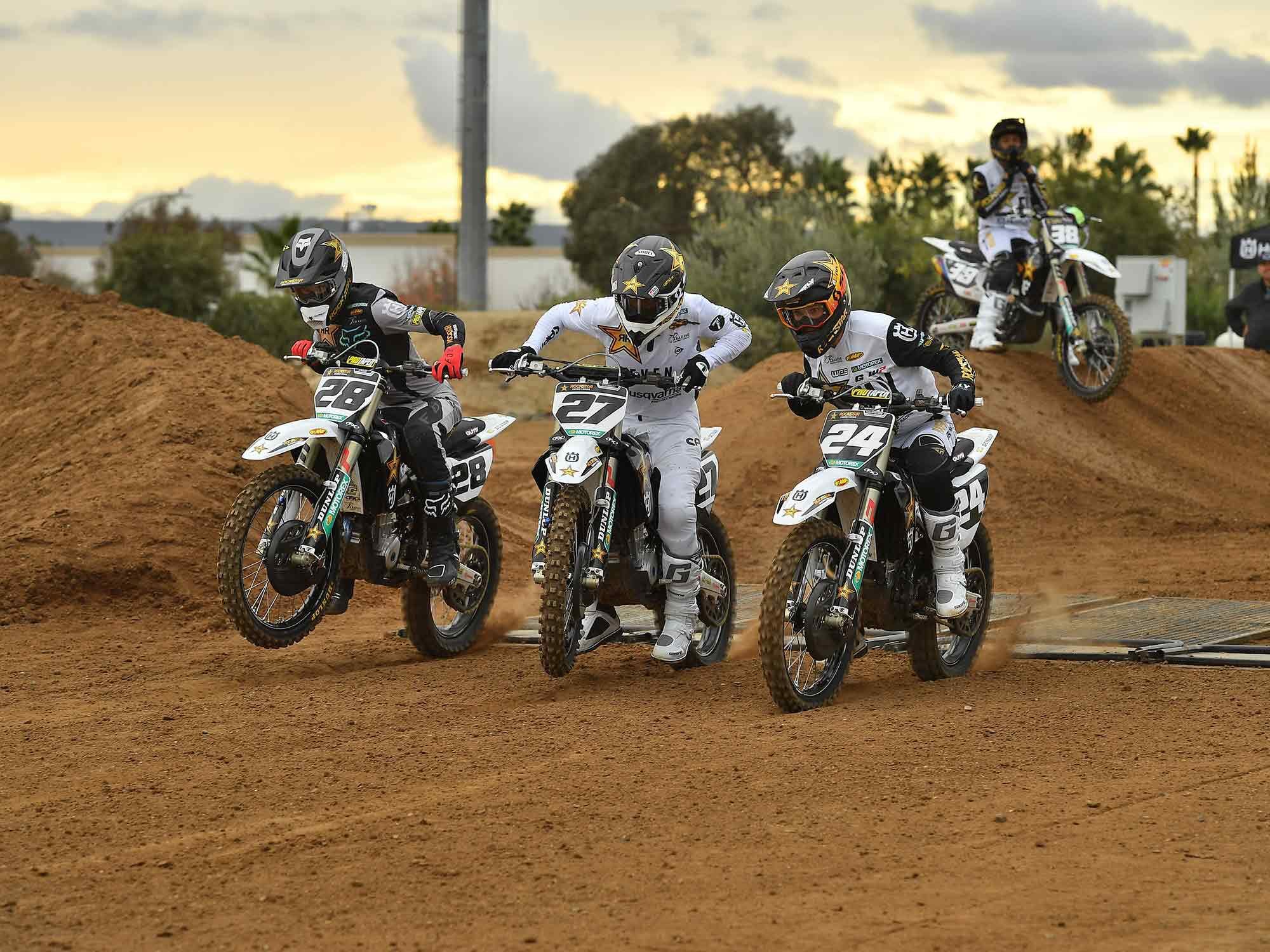 Left to right) Christian Craig, Malcolm Stewart, and R.J. Hampshire get in a practice start while Jalek Swoll waits on deck at the RD Field SX test track. (The facility’s start gate only had three grates.)