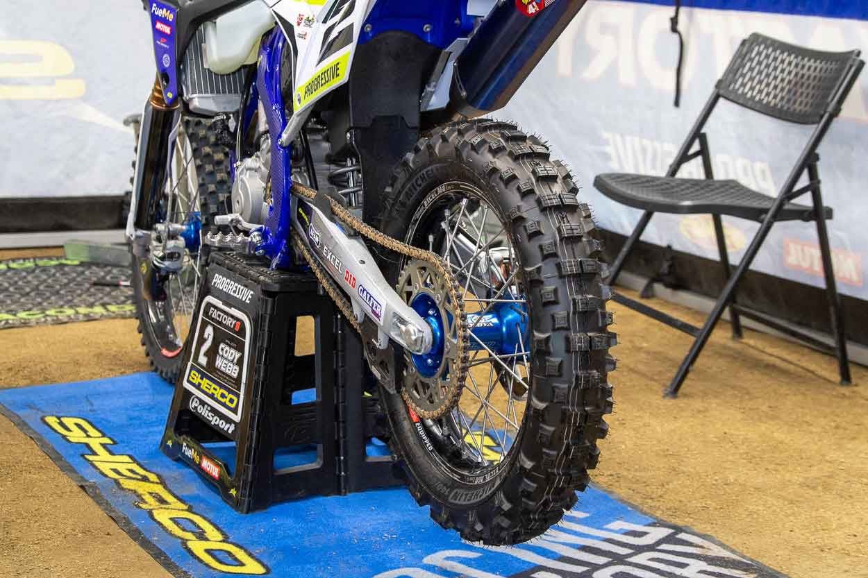 For EnduroCross, Webb runs a Michelin gummy rear tire along with a standard mousse, as opposed to the mousse/tubeless combination he uses for hard enduro.